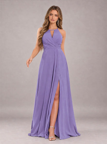 Tahiti Trendy Halter Neck Bow Back Chiffon Bridesmaid Dress with Slit