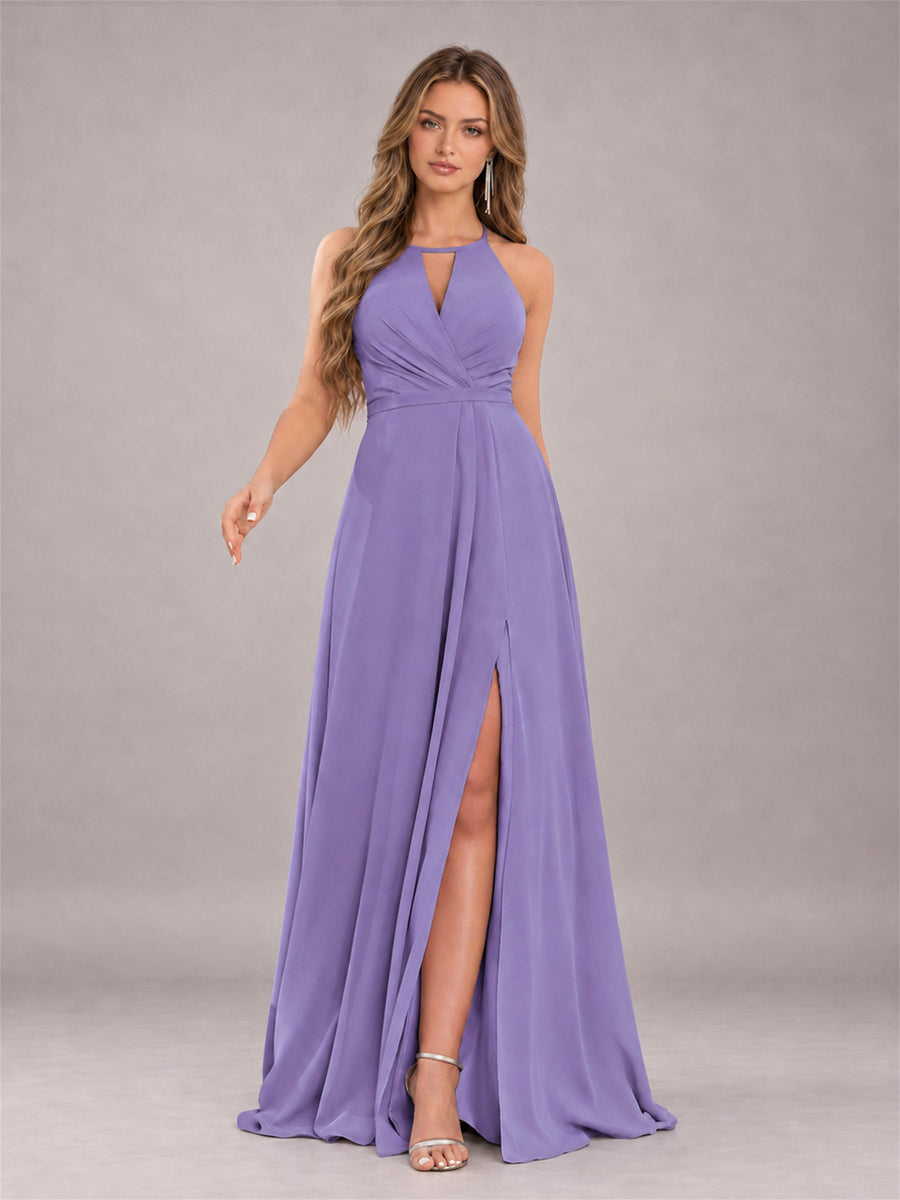 Tahiti Trendy Halter Neck Bow Back Chiffon Bridesmaid Dress with Slit