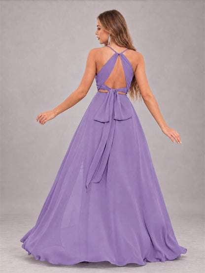 Tahiti Trendy Halter Neck Bow Back Chiffon Bridesmaid Dress with Slit