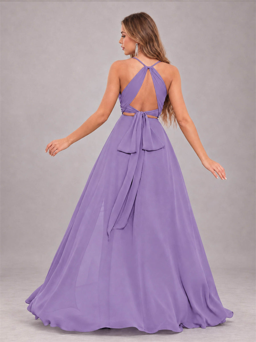 Tahiti Trendy Halter Neck Bow Back Chiffon Bridesmaid Dress with Slit