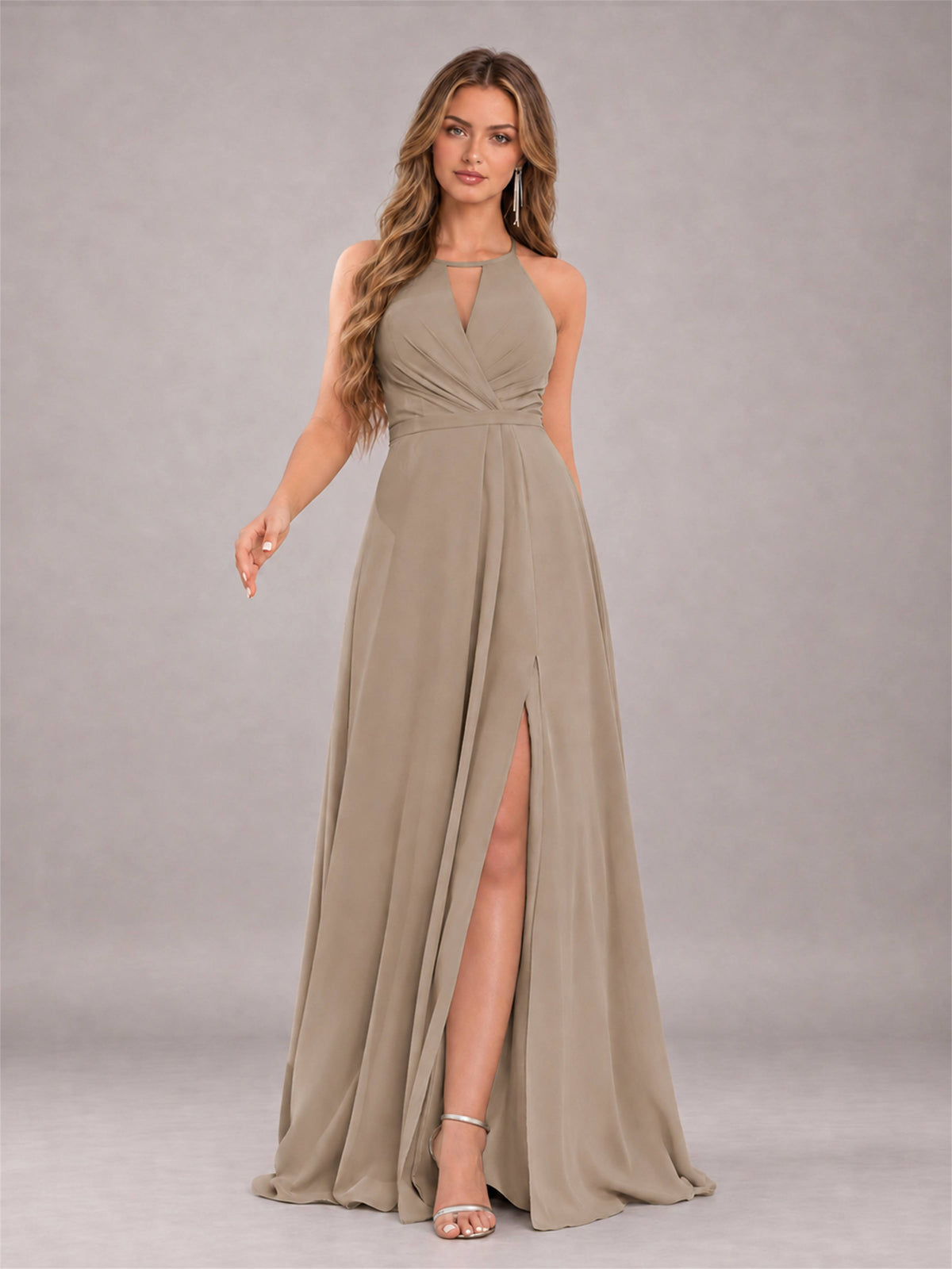 Taupe Trendy Halter Neck Bow Back Chiffon Bridesmaid Dress with Slit