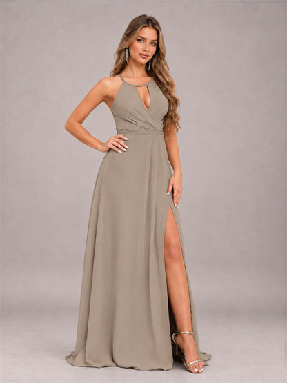 Taupe Trendy Halter Neck Bow Back Chiffon Bridesmaid Dress with Slit
