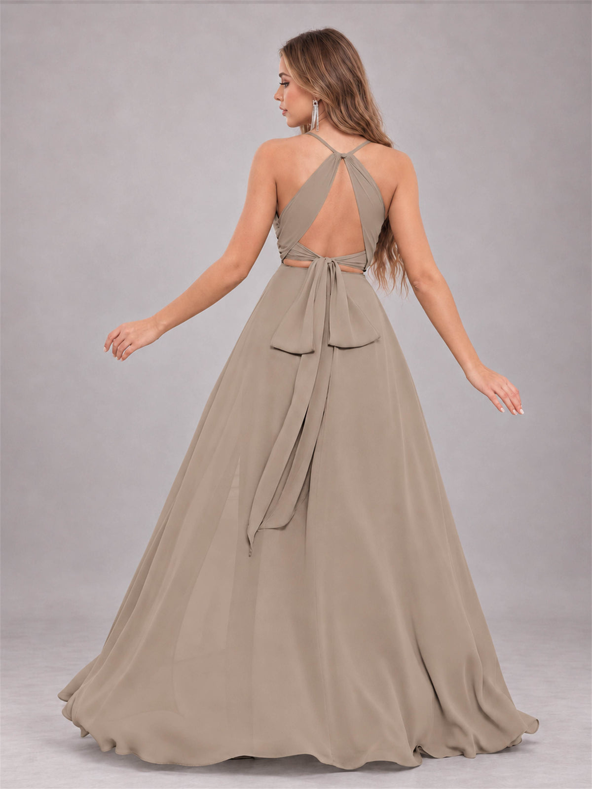 Taupe Trendy Halter Neck Bow Back Chiffon Bridesmaid Dress with Slit