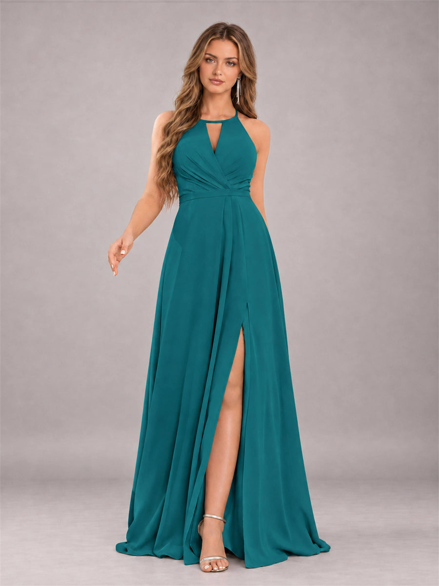Teal Trendy Halter Neck Bow Back Chiffon Bridesmaid Dress with Slit