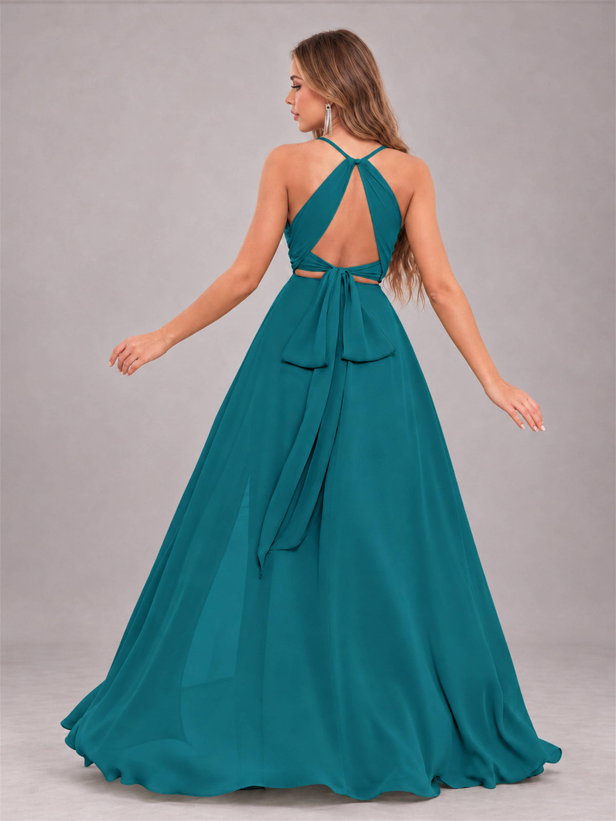 Teal Trendy Halter Neck Bow Back Chiffon Bridesmaid Dress with Slit