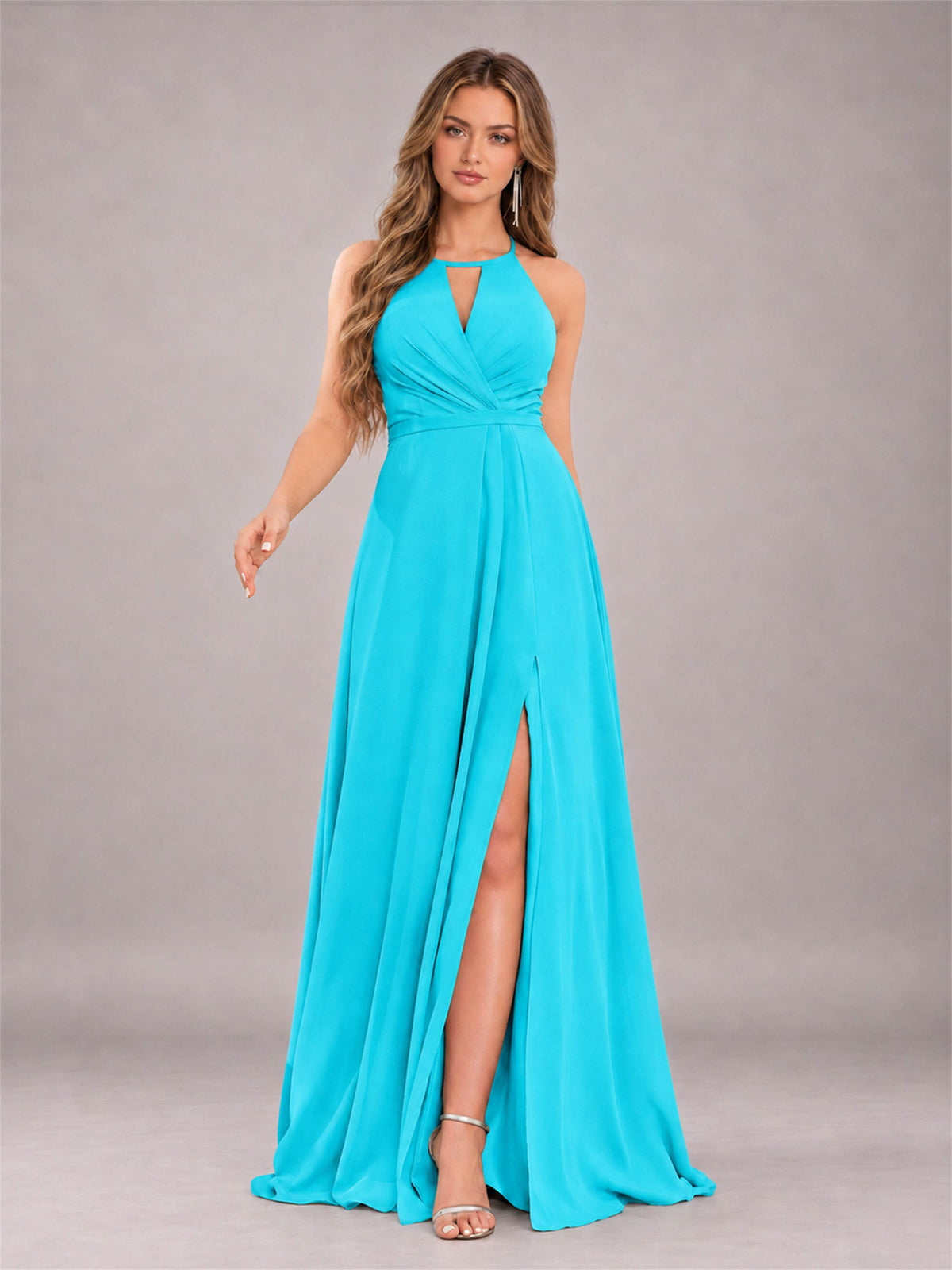 Turquoise Trendy Halter Neck Bow Back Chiffon Bridesmaid Dress with Slit