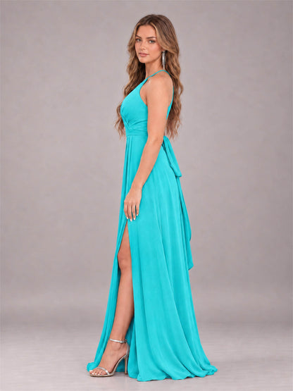 Turquoise Trendy Halter Neck Bow Back Chiffon Bridesmaid Dress with Slit