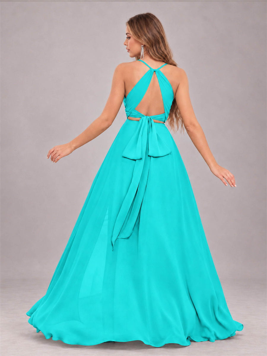 Turquoise Trendy Halter Neck Bow Back Chiffon Bridesmaid Dress with Slit
