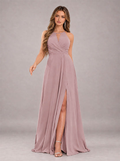 Vintage Mauve Trendy Halter Neck Bow Back Chiffon Bridesmaid Dress with Slit