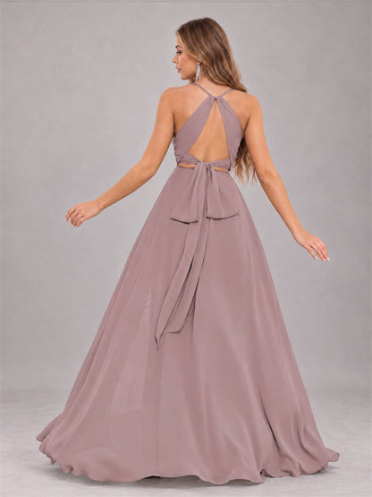 Vintage Mauve Trendy Halter Neck Bow Back Chiffon Bridesmaid Dress with Slit