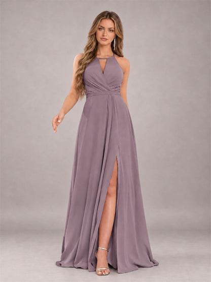 Wisteria Trendy Halter Neck Bow Back Chiffon Bridesmaid Dress with Slit