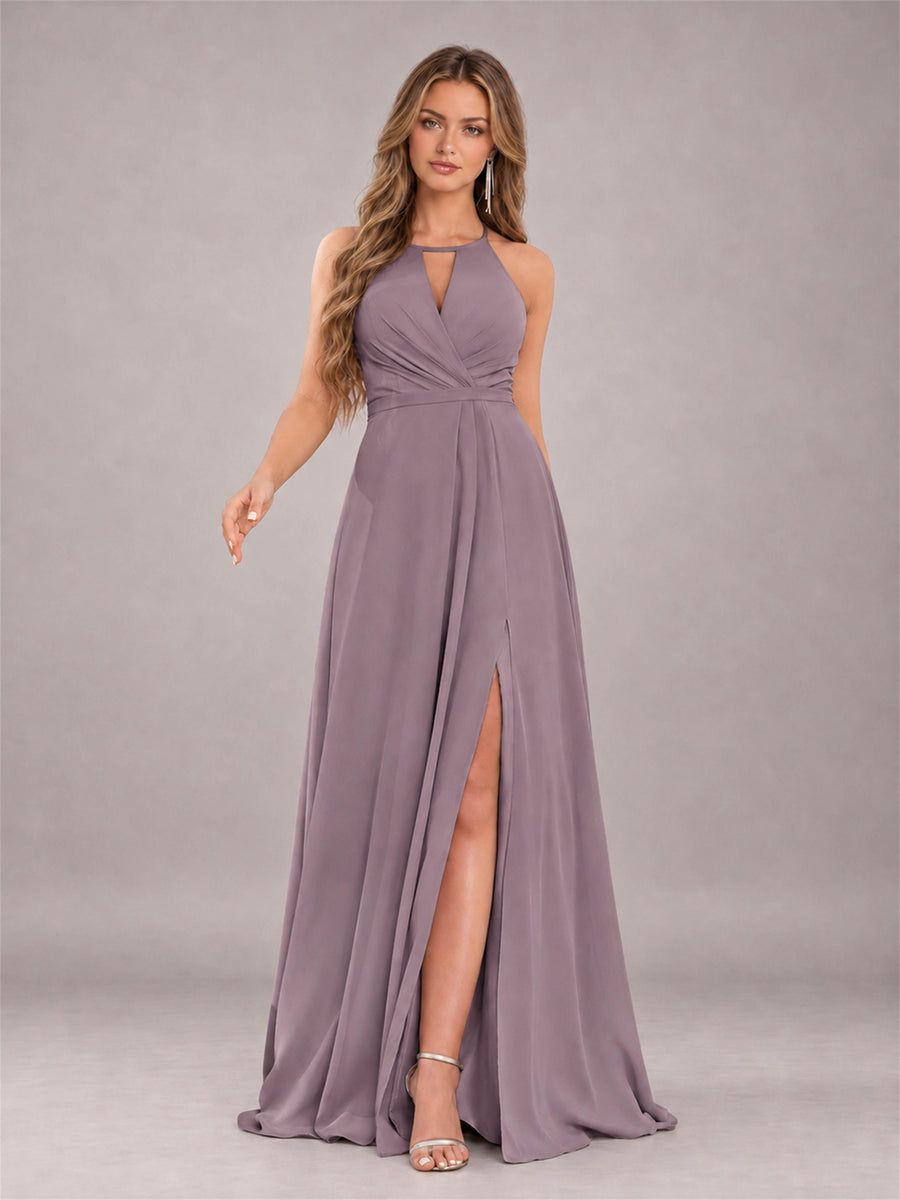 Wisteria Trendy Halter Neck Bow Back Chiffon Bridesmaid Dress with Slit