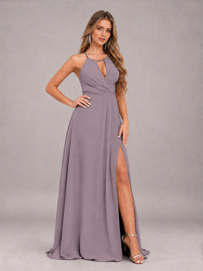 Wisteria Trendy Halter Neck Bow Back Chiffon Bridesmaid Dress with Slit