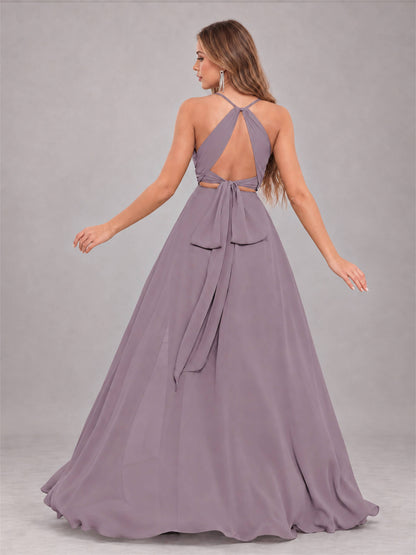 Wisteria Trendy Halter Neck Bow Back Chiffon Bridesmaid Dress with Slit