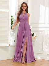 Trendy Halter Neck Bow Back Chiffon Bridesmaid Dresses with Slit