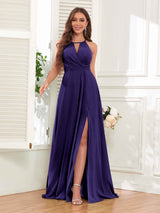 Trendy Halter Neck Bow Back Chiffon Bridesmaid Dresses with Slit