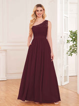 Trendy Lace Appliques One Shoulder Chiffon Bridesmaid Dresses With Pockets
