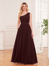 Trendy Lace Appliques One Shoulder Chiffon Bridesmaid Dresses With Pockets