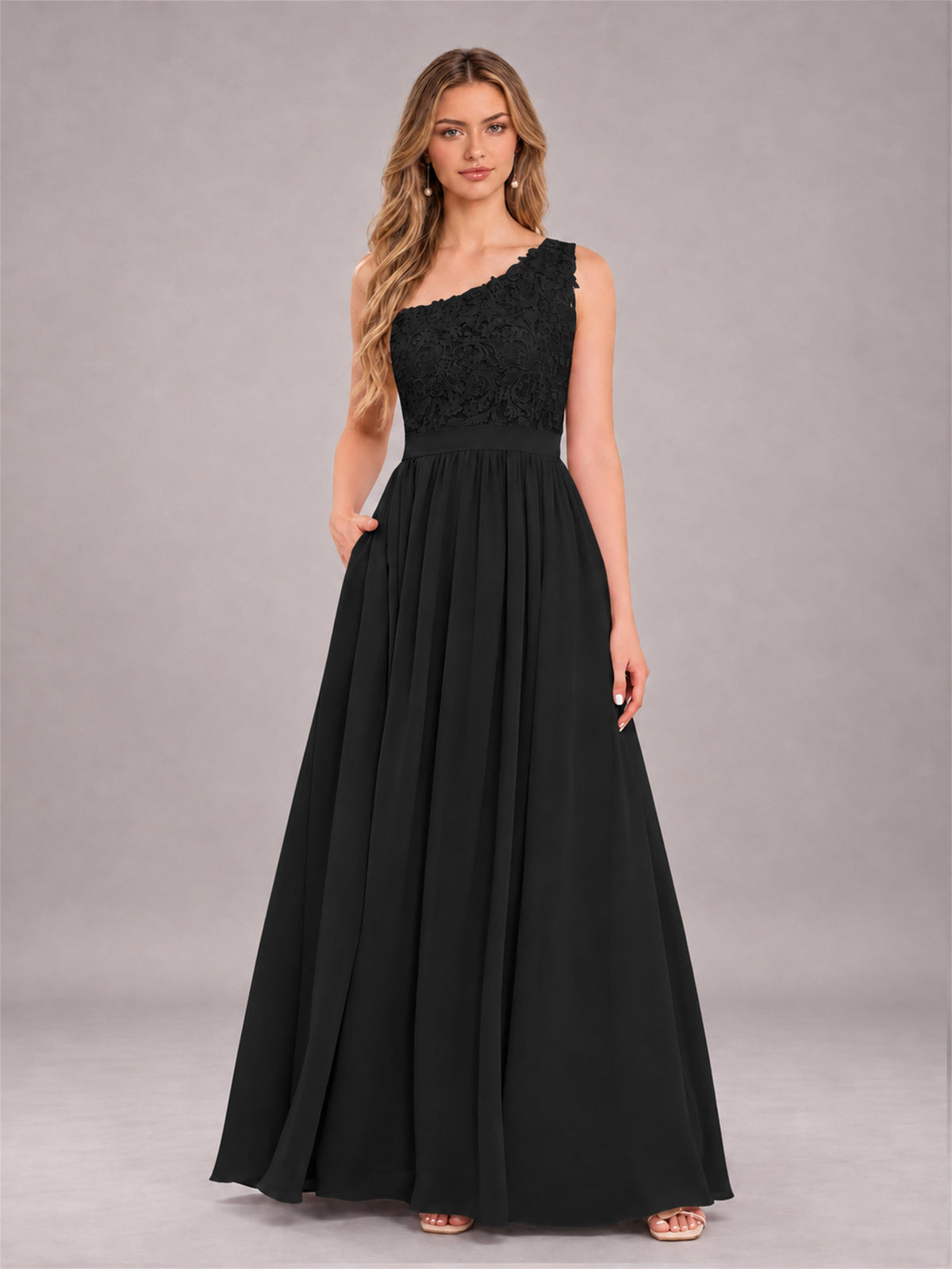 Black Trendy Lace Appliques One Shoulder Chiffon Bridesmaid Dress With Pockets