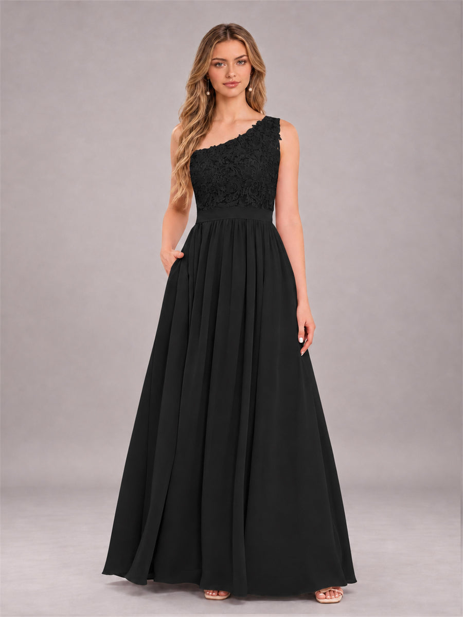 Black Trendy Lace Appliques One Shoulder Chiffon Bridesmaid Dress With Pockets