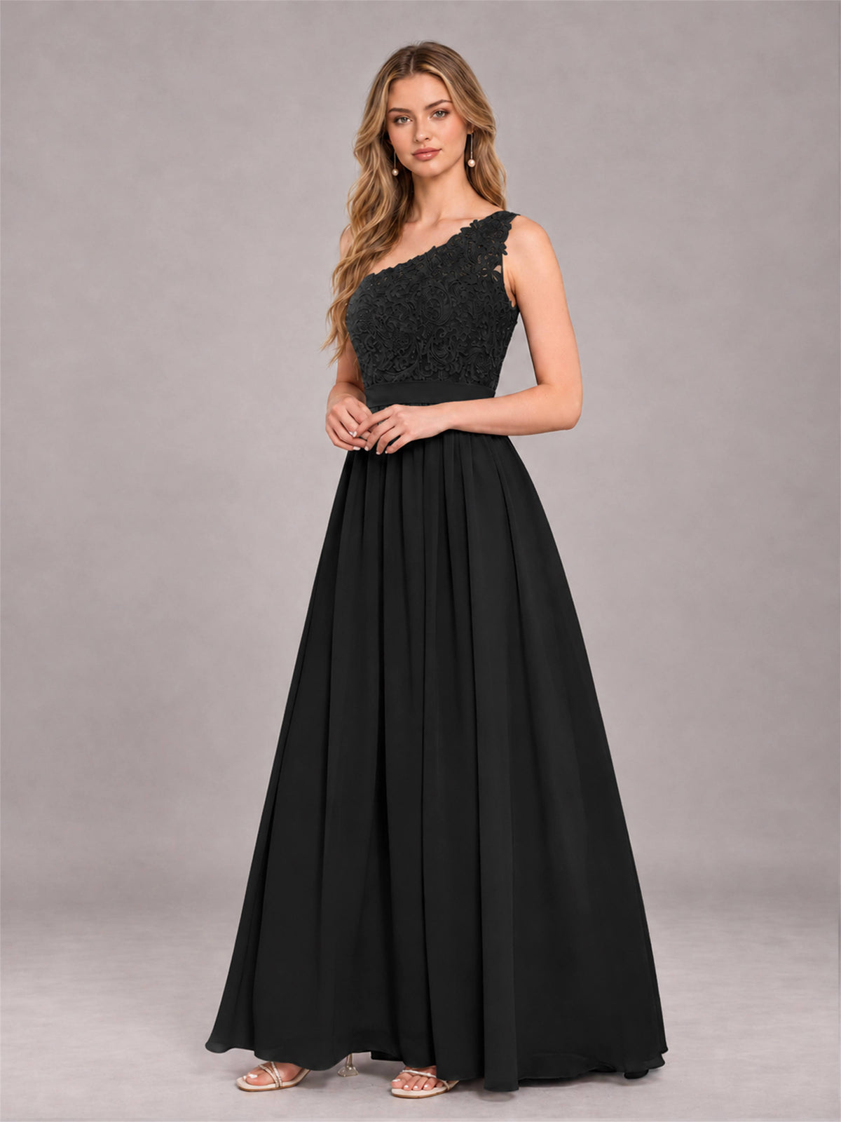 Black Trendy Lace Appliques One Shoulder Chiffon Bridesmaid Dress With Pockets