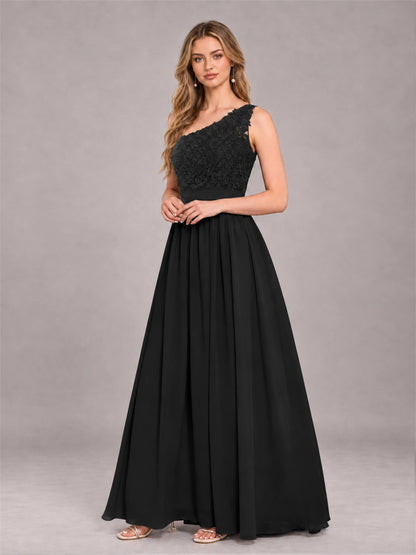 Black Trendy Lace Appliques One Shoulder Chiffon Bridesmaid Dress With Pockets