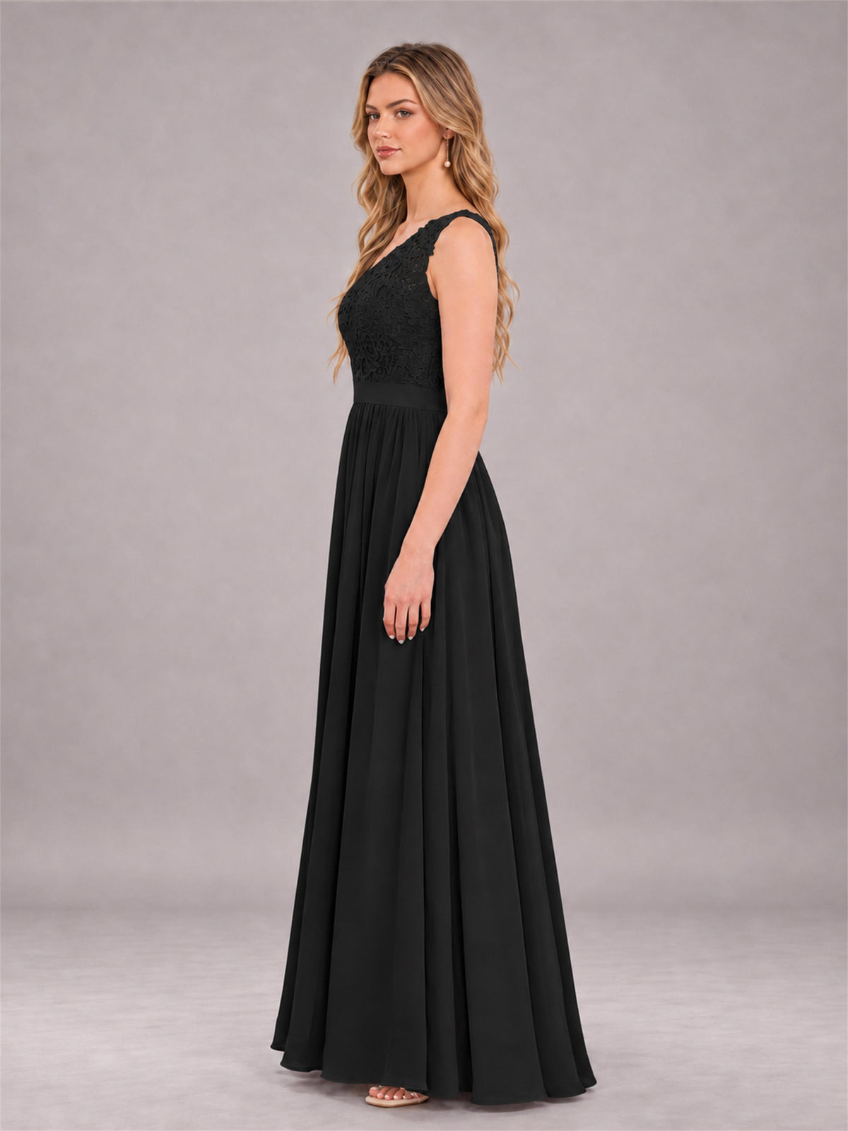 Black Trendy Lace Appliques One Shoulder Chiffon Bridesmaid Dress With Pockets