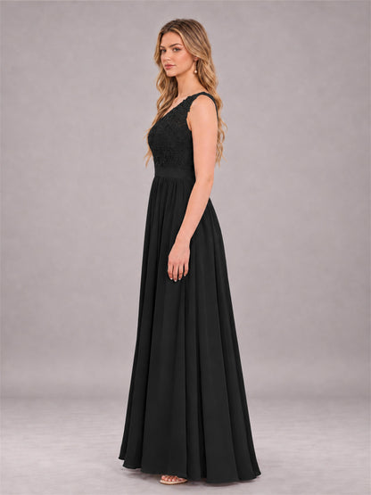 Black Trendy Lace Appliques One Shoulder Chiffon Bridesmaid Dress With Pockets