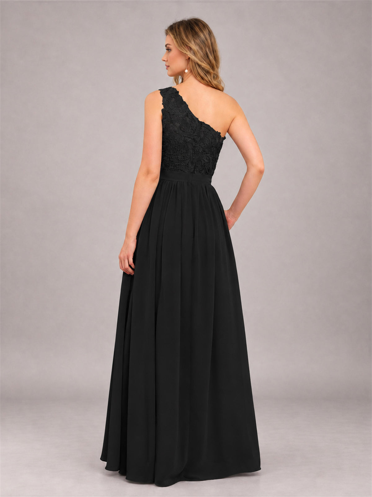 Black Trendy Lace Appliques One Shoulder Chiffon Bridesmaid Dress With Pockets