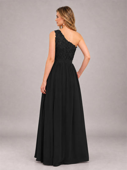 Black Trendy Lace Appliques One Shoulder Chiffon Bridesmaid Dress With Pockets