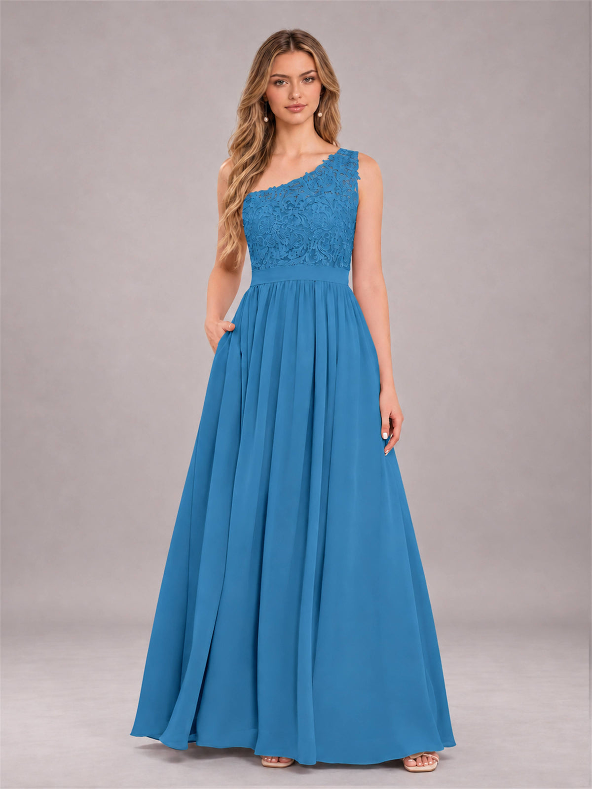Blue Trendy Lace Appliques One Shoulder Chiffon Bridesmaid Dress With Pockets