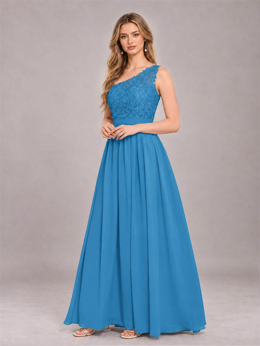 Blue Trendy Lace Appliques One Shoulder Chiffon Bridesmaid Dress With Pockets
