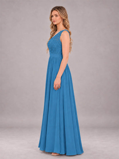 Blue Trendy Lace Appliques One Shoulder Chiffon Bridesmaid Dress With Pockets