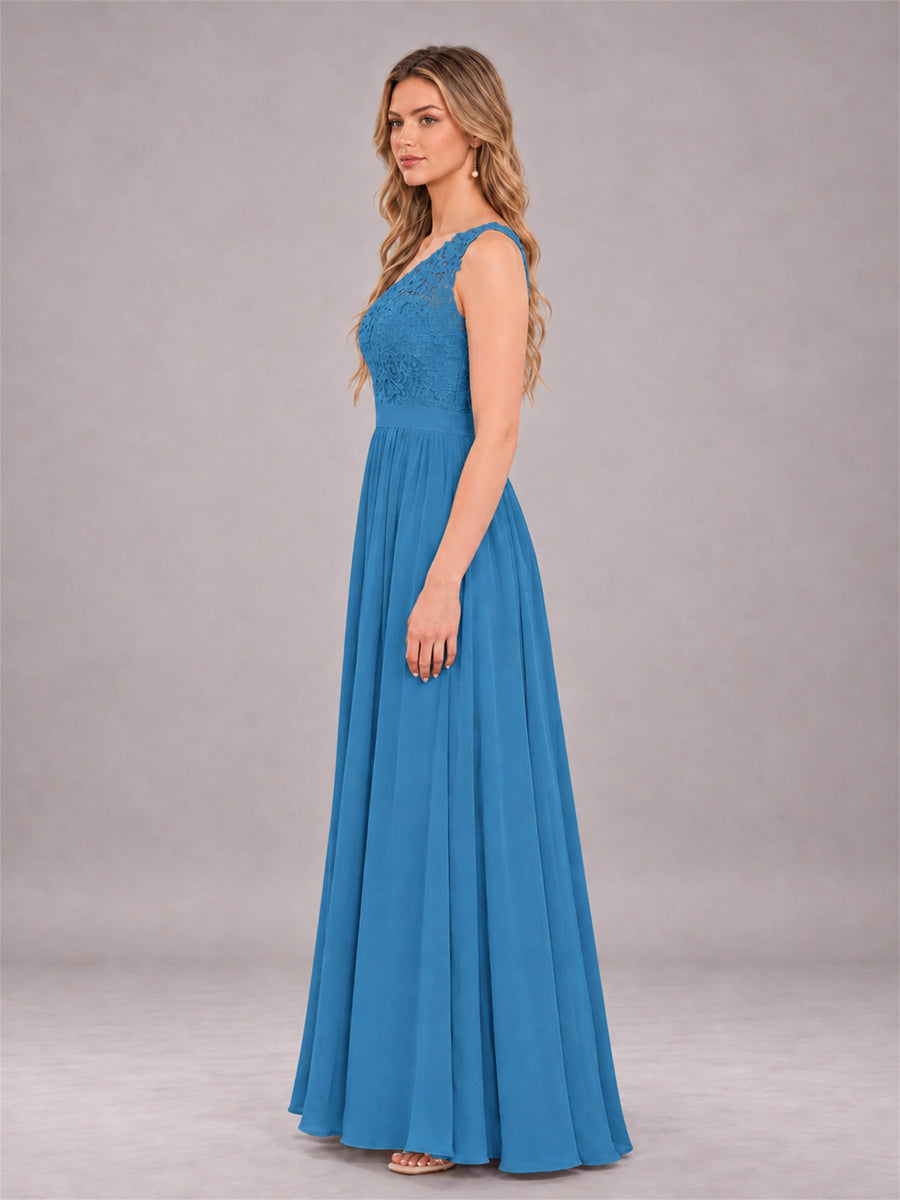 Blue Trendy Lace Appliques One Shoulder Chiffon Bridesmaid Dress With Pockets