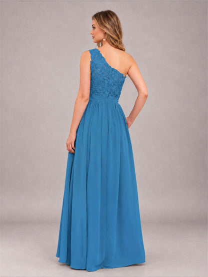 Blue Trendy Lace Appliques One Shoulder Chiffon Bridesmaid Dress With Pockets