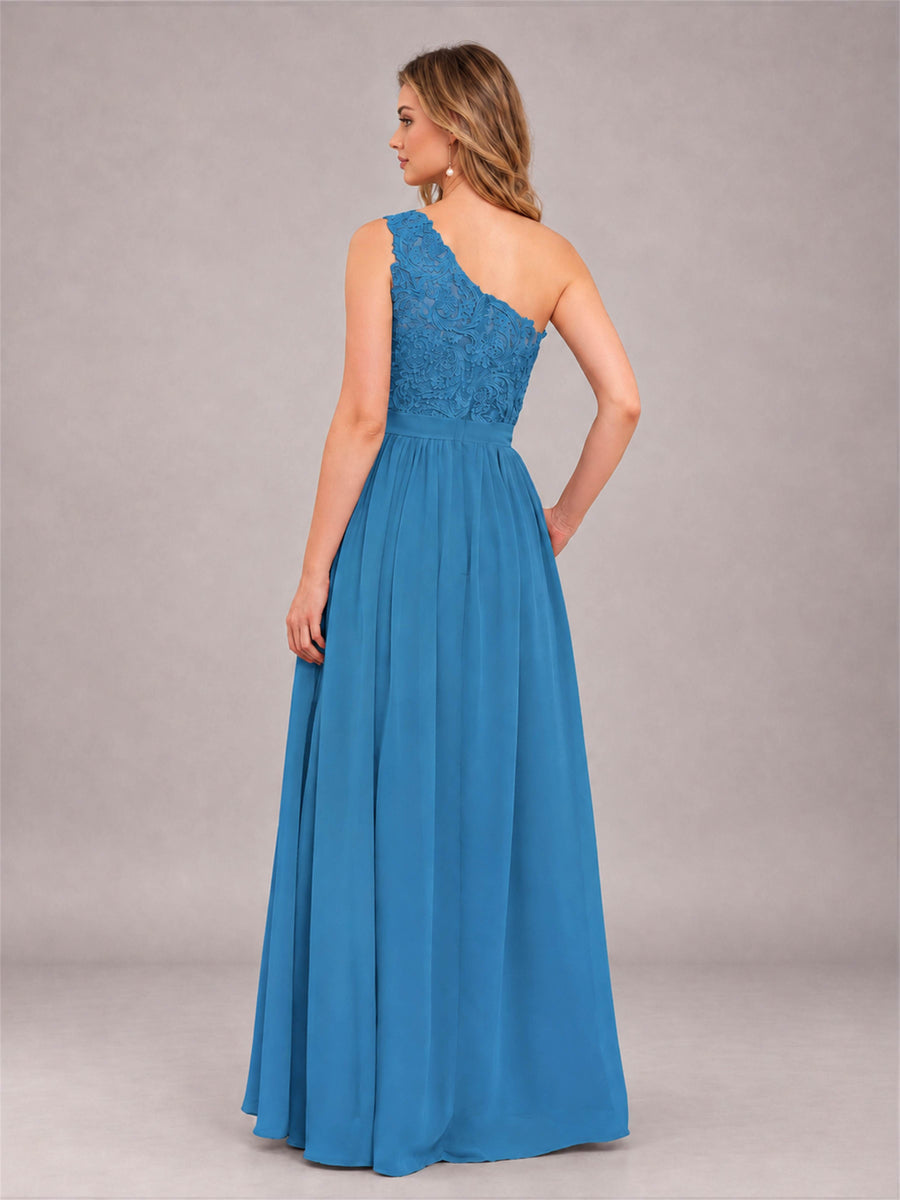 Blue Trendy Lace Appliques One Shoulder Chiffon Bridesmaid Dress With Pockets