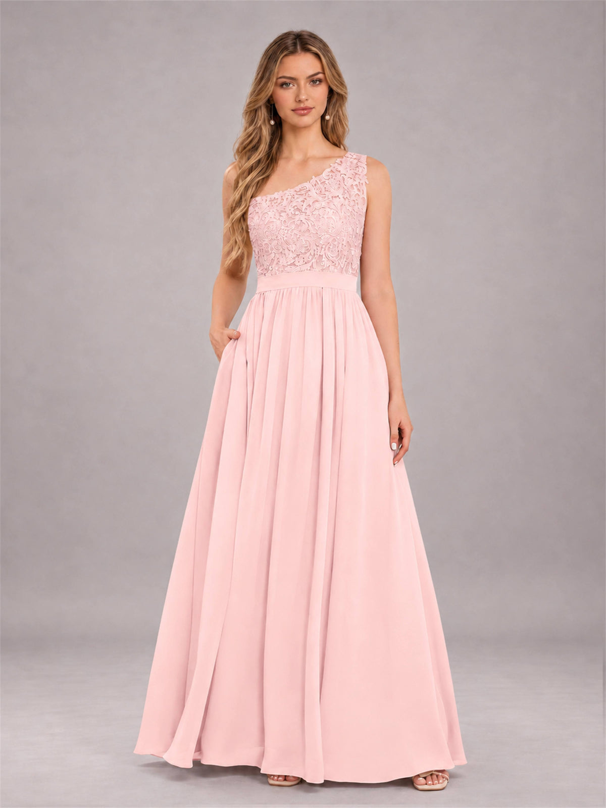 Blush Pink Trendy Lace Appliques One Shoulder Chiffon Bridesmaid Dress With Pockets