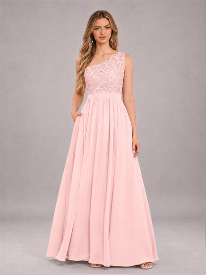 Blush Pink Trendy Lace Appliques One Shoulder Chiffon Bridesmaid Dress With Pockets