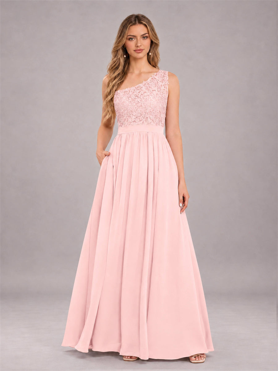 Blush Pink Trendy Lace Appliques One Shoulder Chiffon Bridesmaid Dress With Pockets