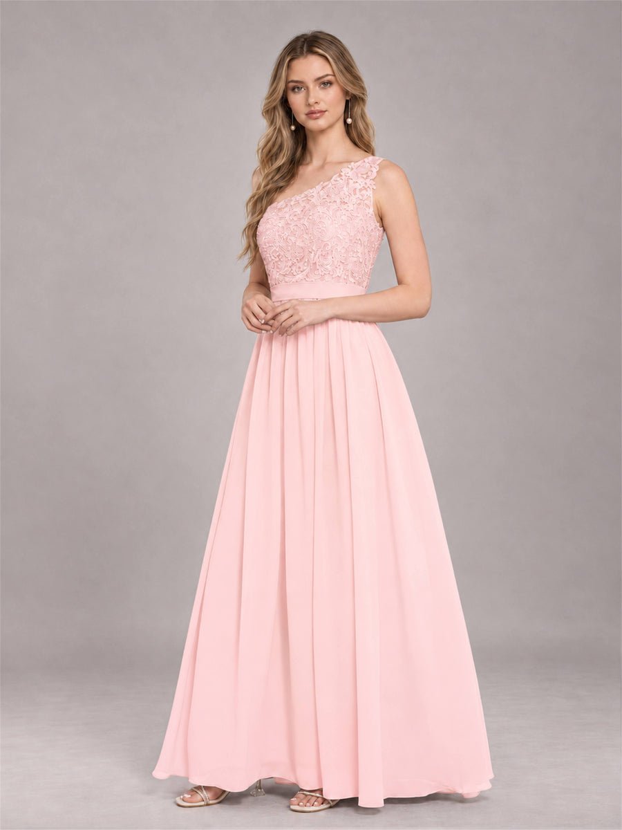 Blush Pink Trendy Lace Appliques One Shoulder Chiffon Bridesmaid Dress With Pockets