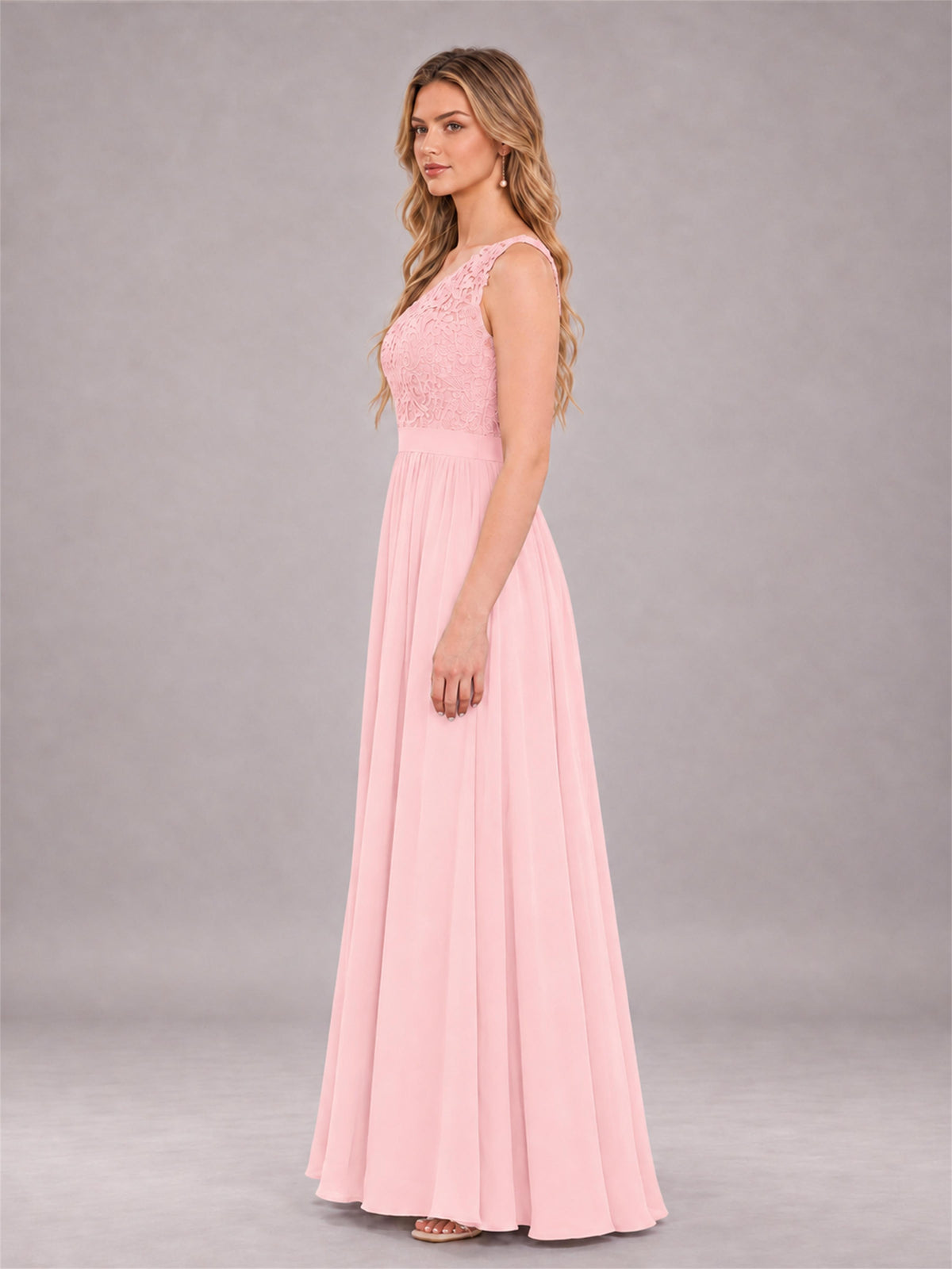 Blush Pink Trendy Lace Appliques One Shoulder Chiffon Bridesmaid Dress With Pockets