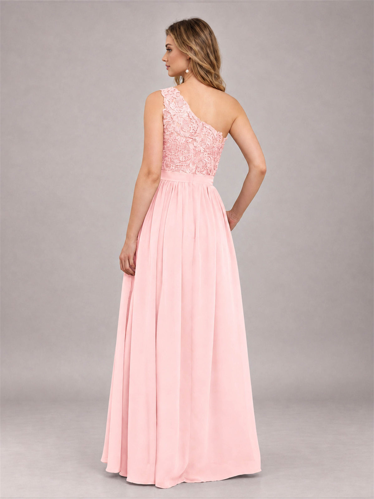 Blush Pink Trendy Lace Appliques One Shoulder Chiffon Bridesmaid Dress With Pockets