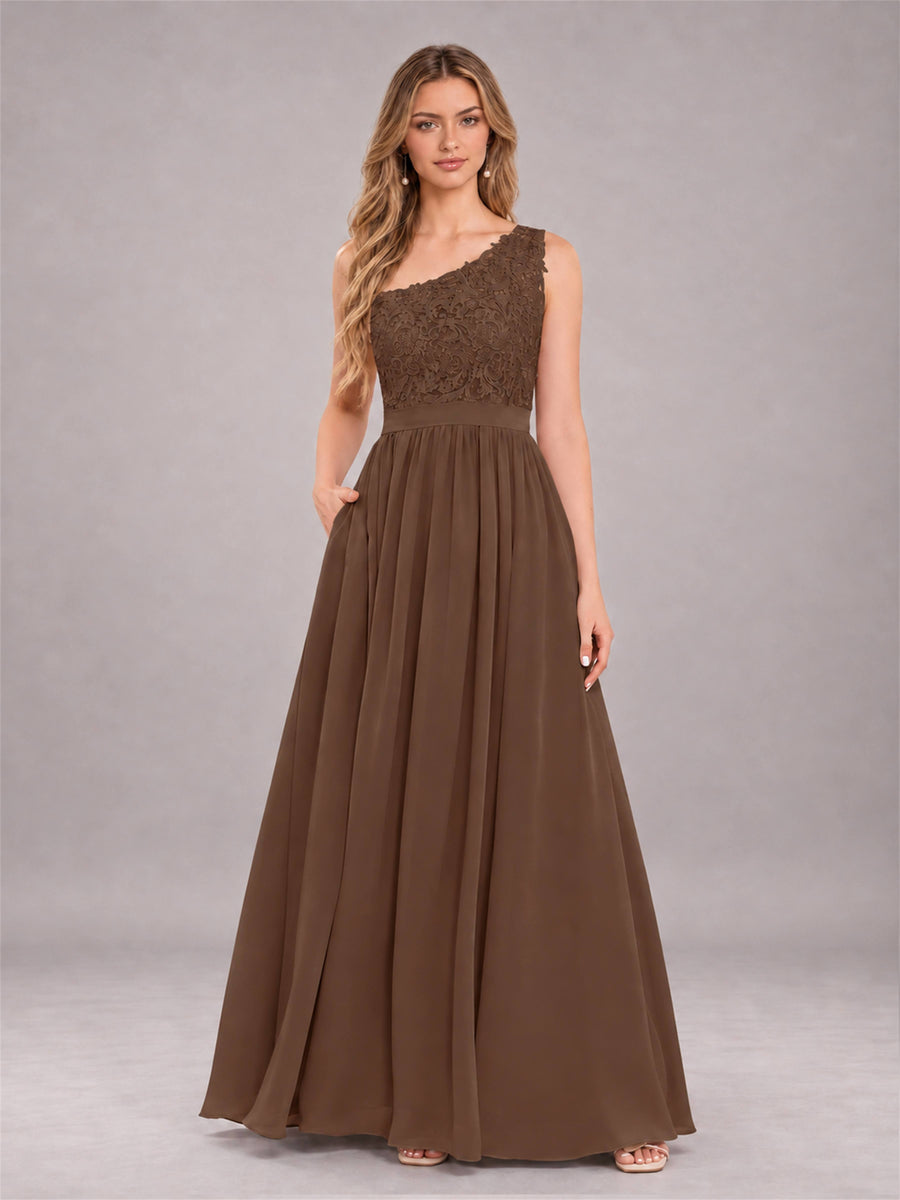 Brown Trendy Lace Appliques One Shoulder Chiffon Bridesmaid Dress With Pockets