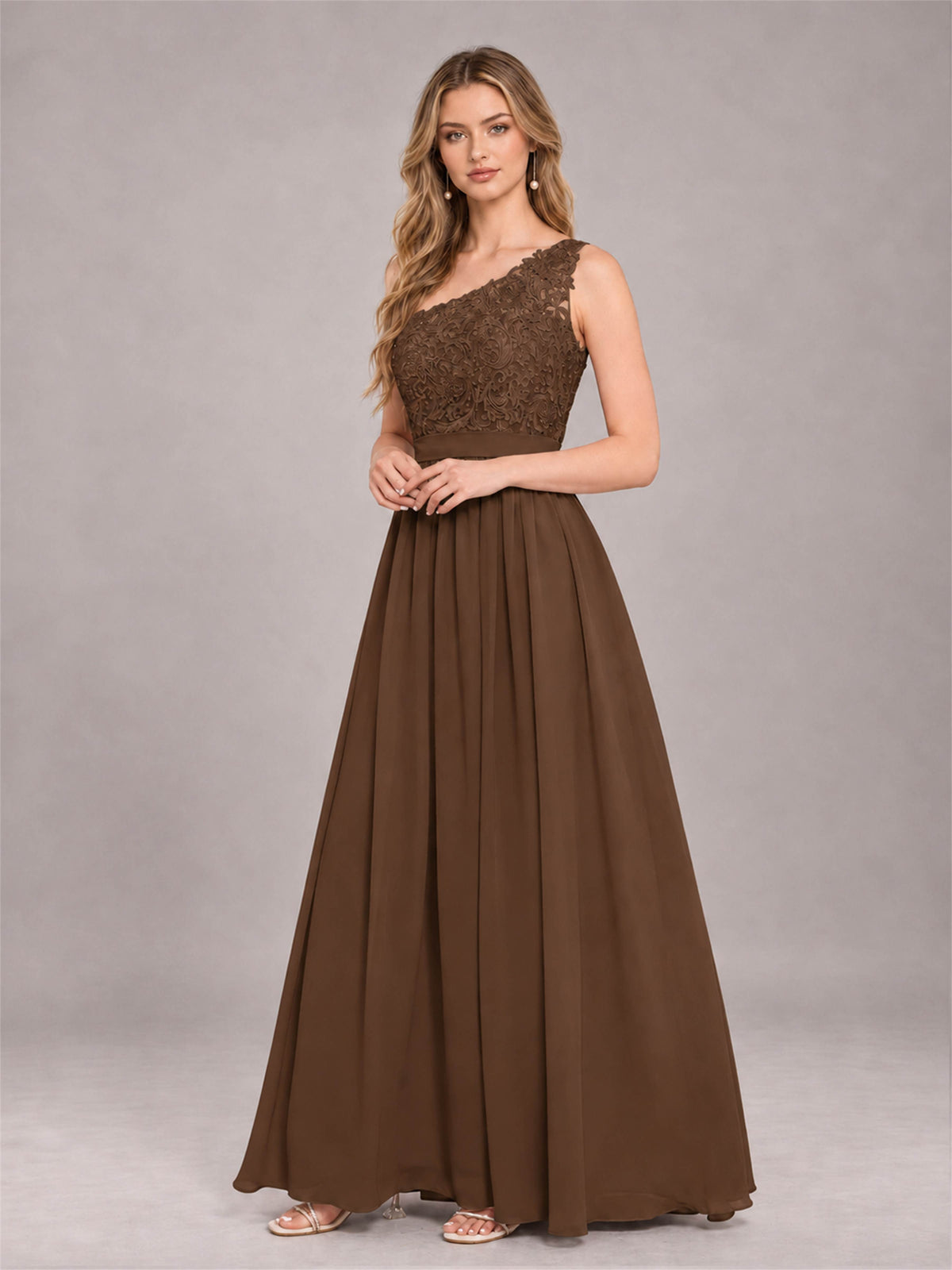 Brown Trendy Lace Appliques One Shoulder Chiffon Bridesmaid Dress With Pockets