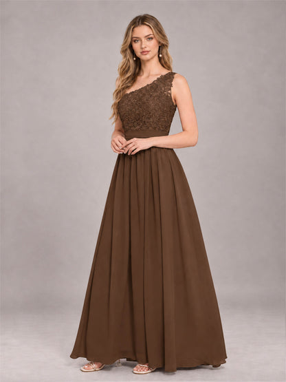 Brown Trendy Lace Appliques One Shoulder Chiffon Bridesmaid Dress With Pockets
