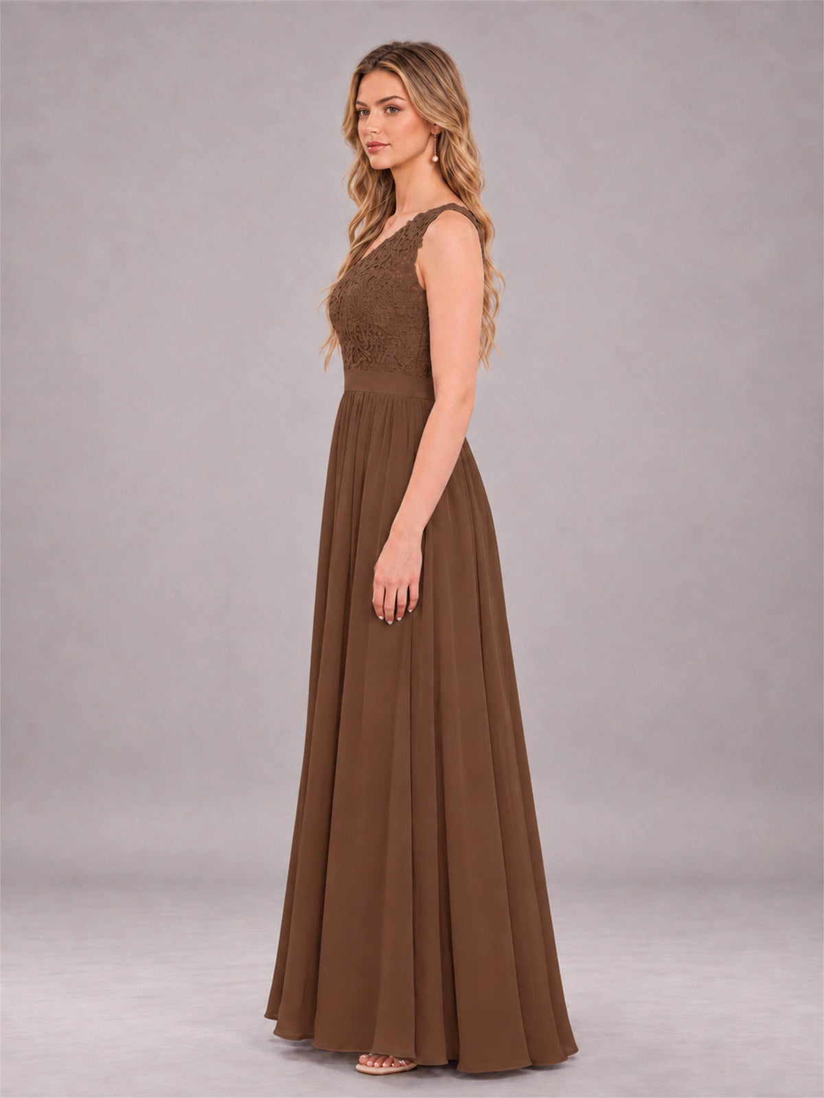 Brown Trendy Lace Appliques One Shoulder Chiffon Bridesmaid Dress With Pockets