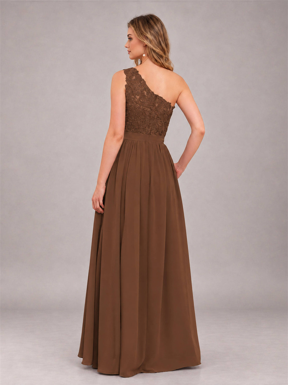 Brown Trendy Lace Appliques One Shoulder Chiffon Bridesmaid Dress With Pockets