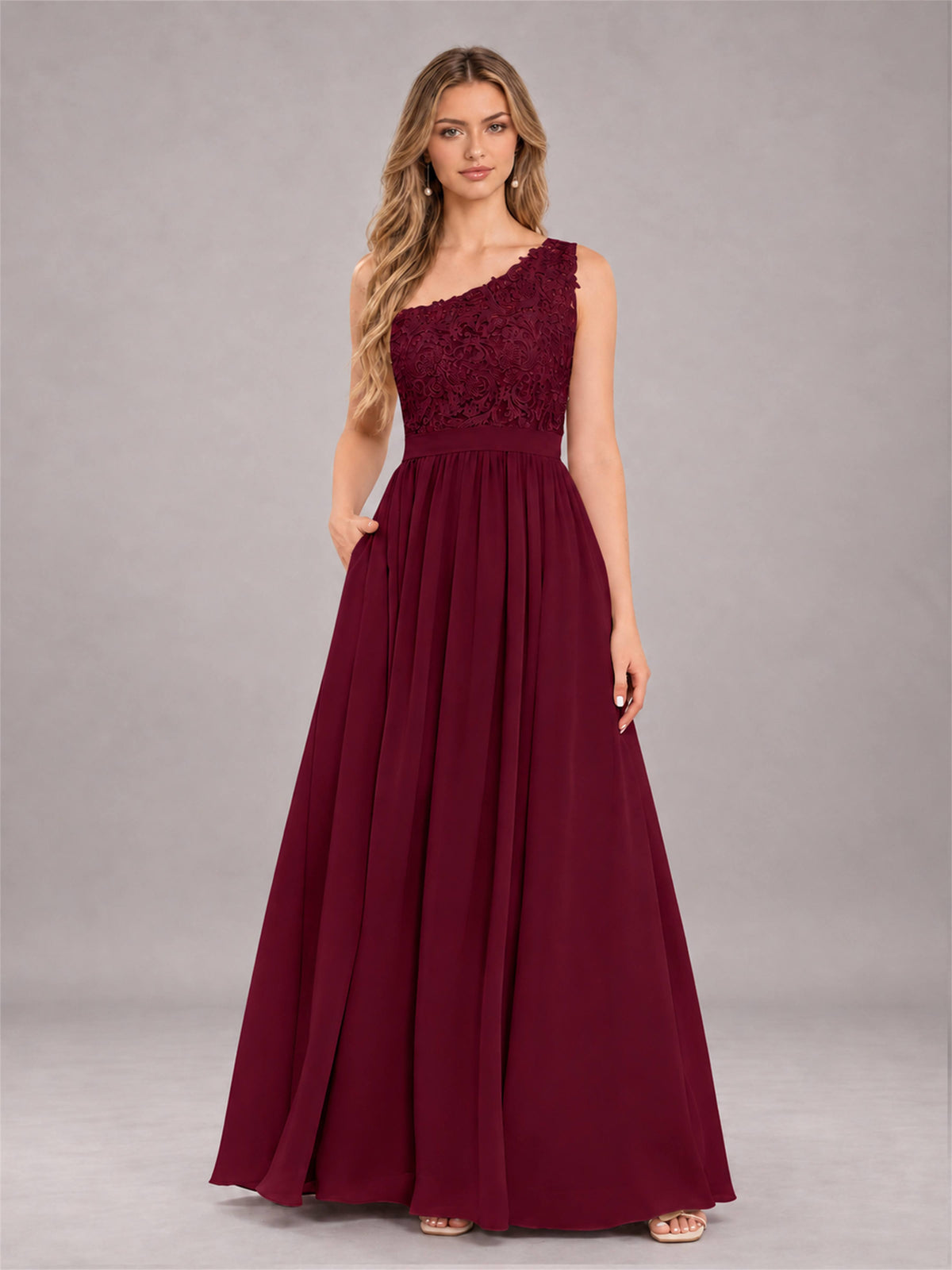 Burgundy Trendy Lace Appliques One Shoulder Chiffon Bridesmaid Dress With Pockets
