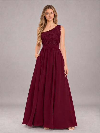 Burgundy Trendy Lace Appliques One Shoulder Chiffon Bridesmaid Dress With Pockets