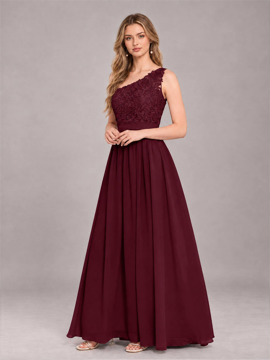 Burgundy Trendy Lace Appliques One Shoulder Chiffon Bridesmaid Dress With Pockets